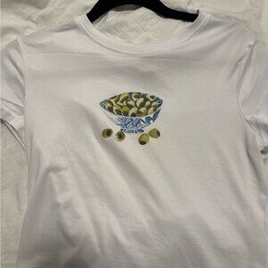 SHEIN White Tee with Olive and Blue Design
